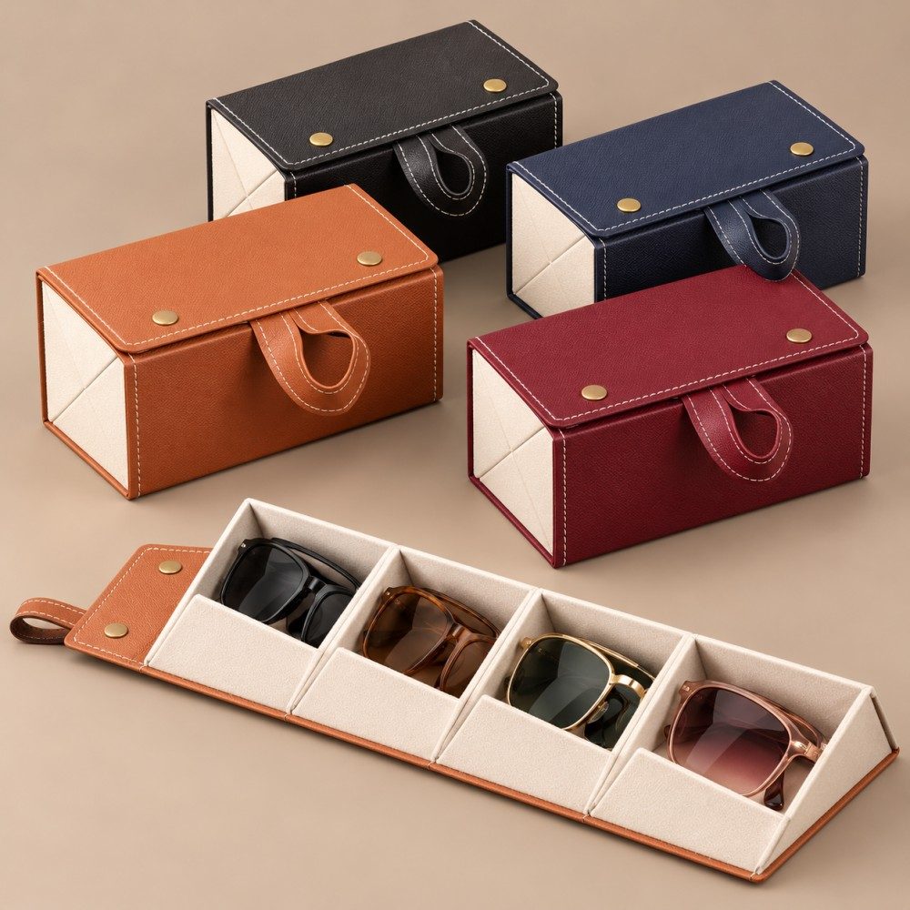 Foldable sunglasses case color concepts with an open four-compartment organizer