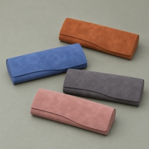Matching textured PU glasses cases in brown, blue, gray and dusty pink with curved flap edges.