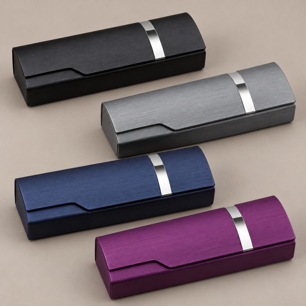 Metal glasses cases wholesale in black, silver-gray, navy blue and purple
