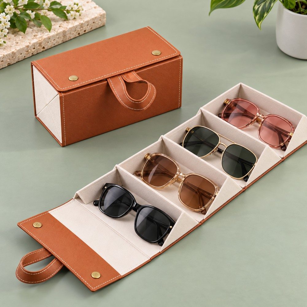 Four-pair sunglasses organizer opened on a tabletop beside its rolled case