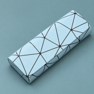 Light blue EC-145 hard glasses case with black geometric lines and a closed magnetic flap on a muted teal background.