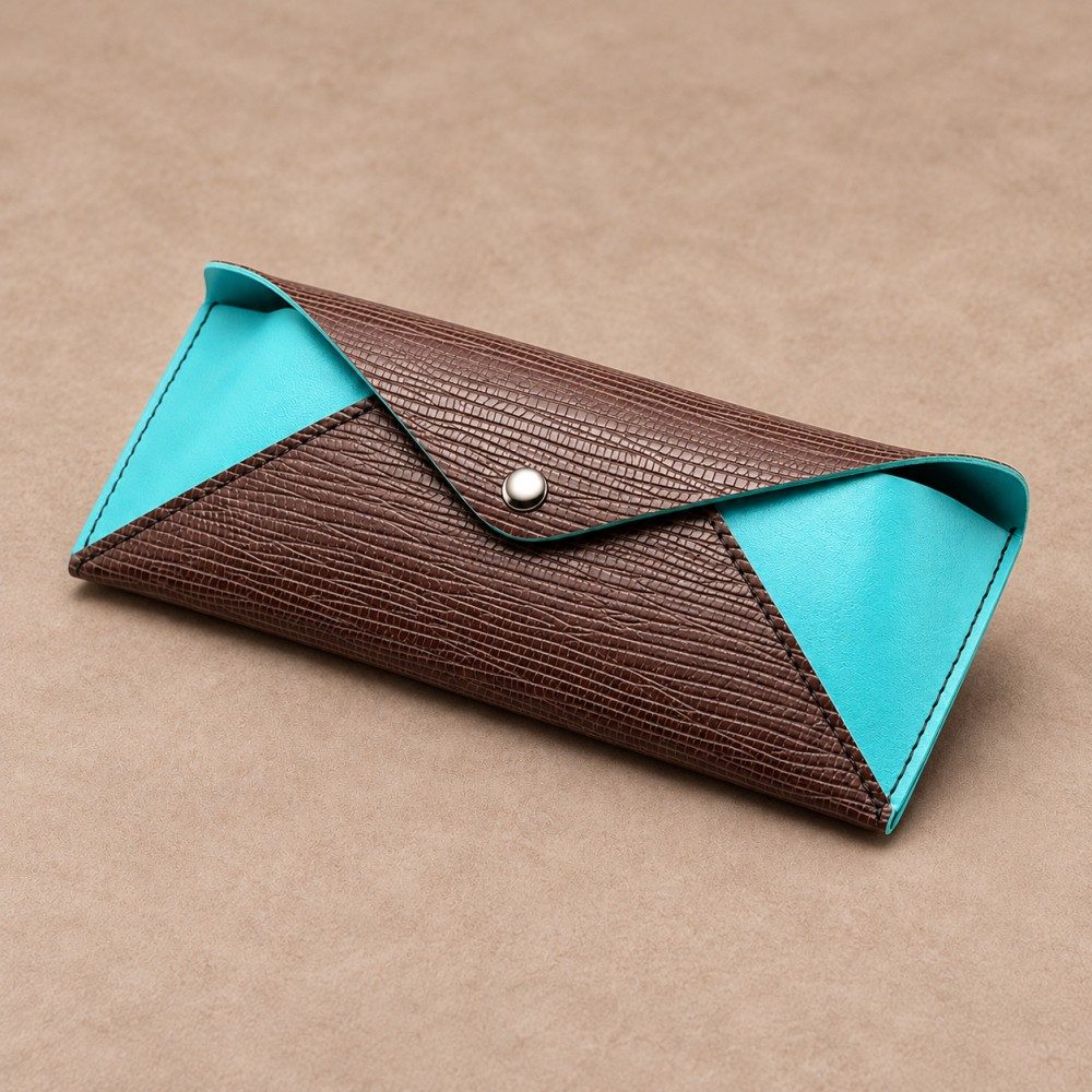 Brown textured button closure glasses case with turquoise triangular side panels and a silver-tone fitting on a beige background.