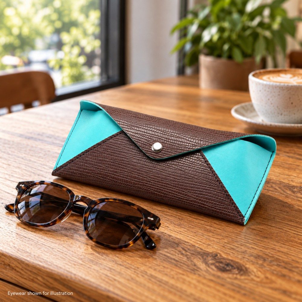 Brown and turquoise glasses case beside tortoiseshell sunglasses on a wooden café table, with coffee in the background.