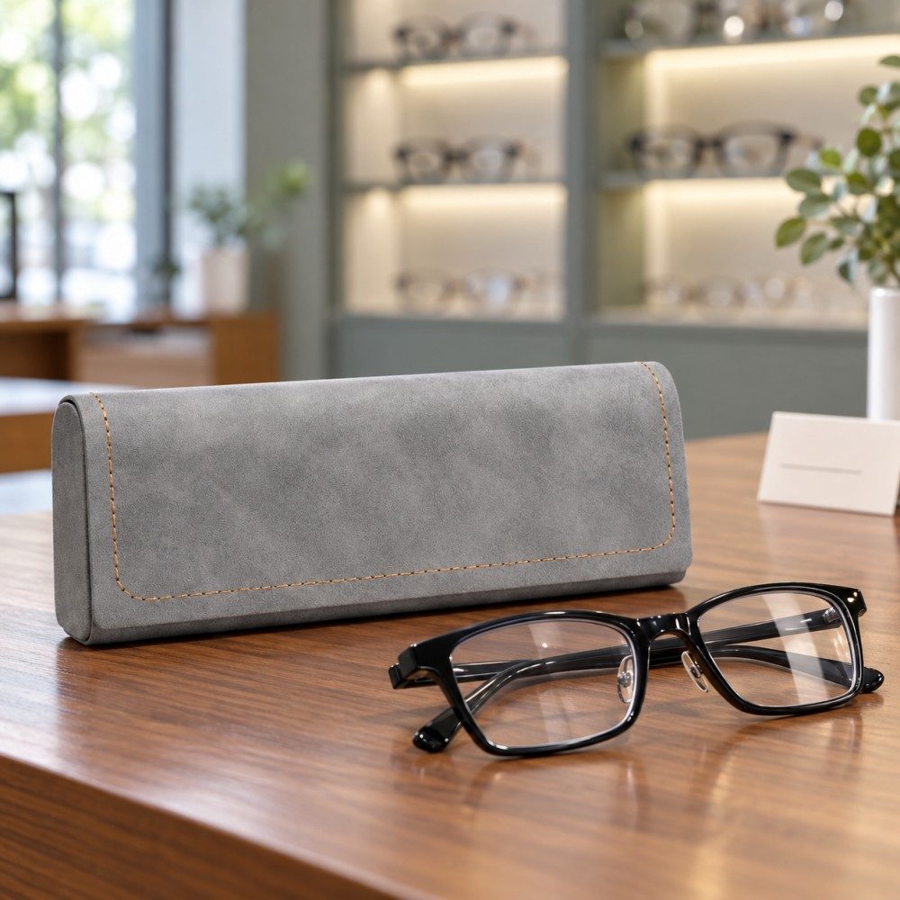 Gray stitched JH eyeglass case beside black glasses on a wooden optical store counter with eyewear displays behind.