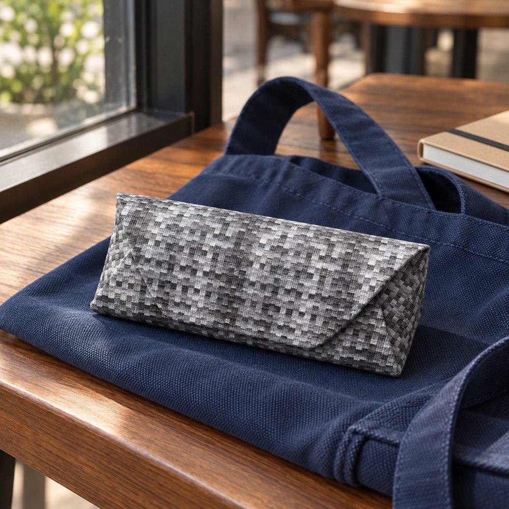 Closed gray patterned glasses case resting on a navy tote bag beside a cafe window.