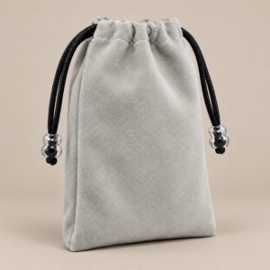 Custom velvet pouches in gray flocked fabric with black drawstrings and clear beads