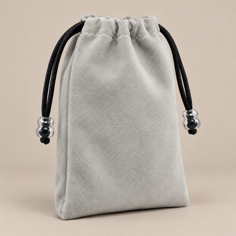 Custom velvet pouches in gray flocked fabric with black drawstrings and clear beads