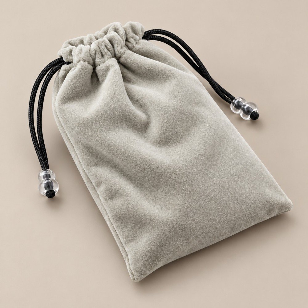 Gray flocked pouch with its double drawstring closure pulled shut