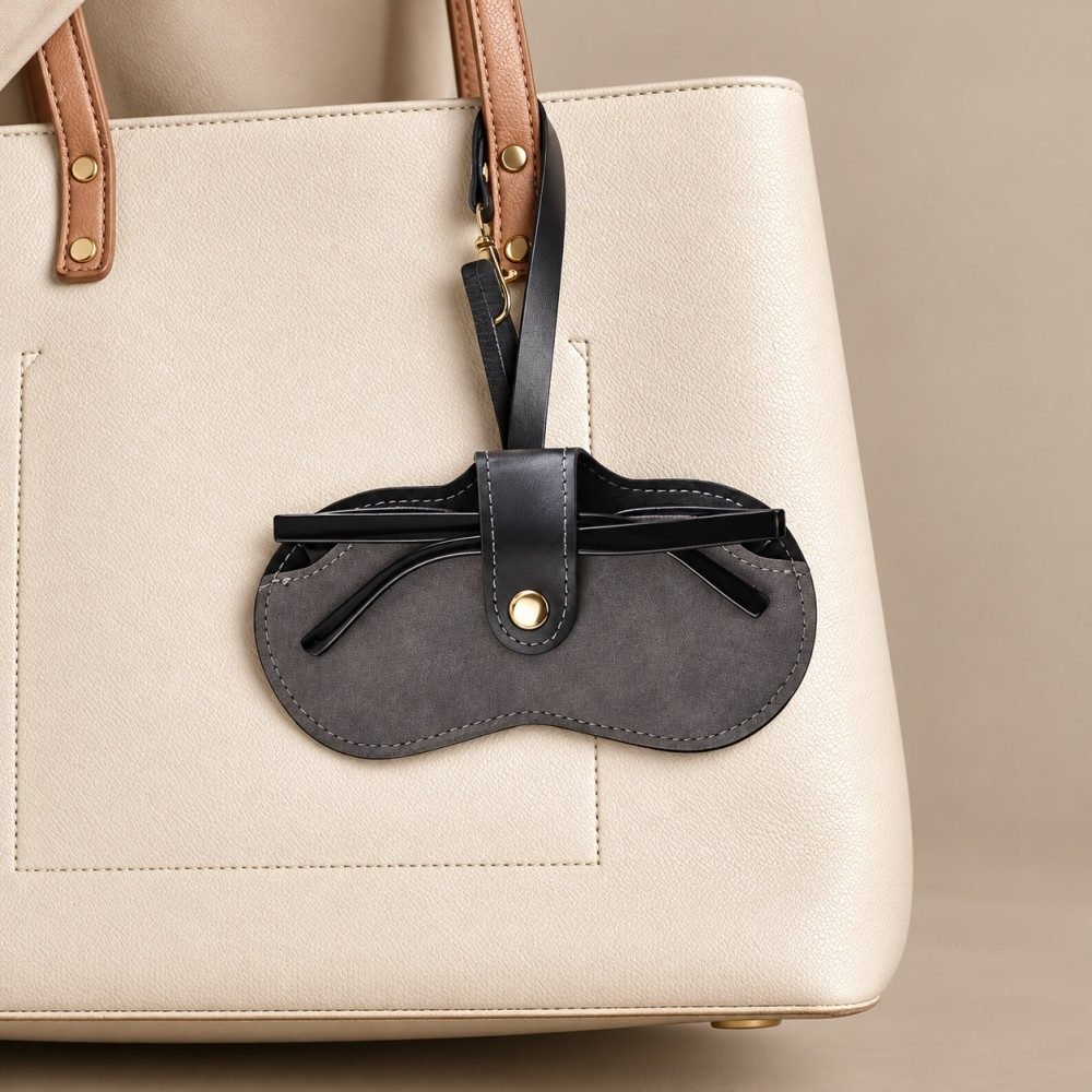 Gray sunglasses pouch attached to a tote bag handle with its hanging strap