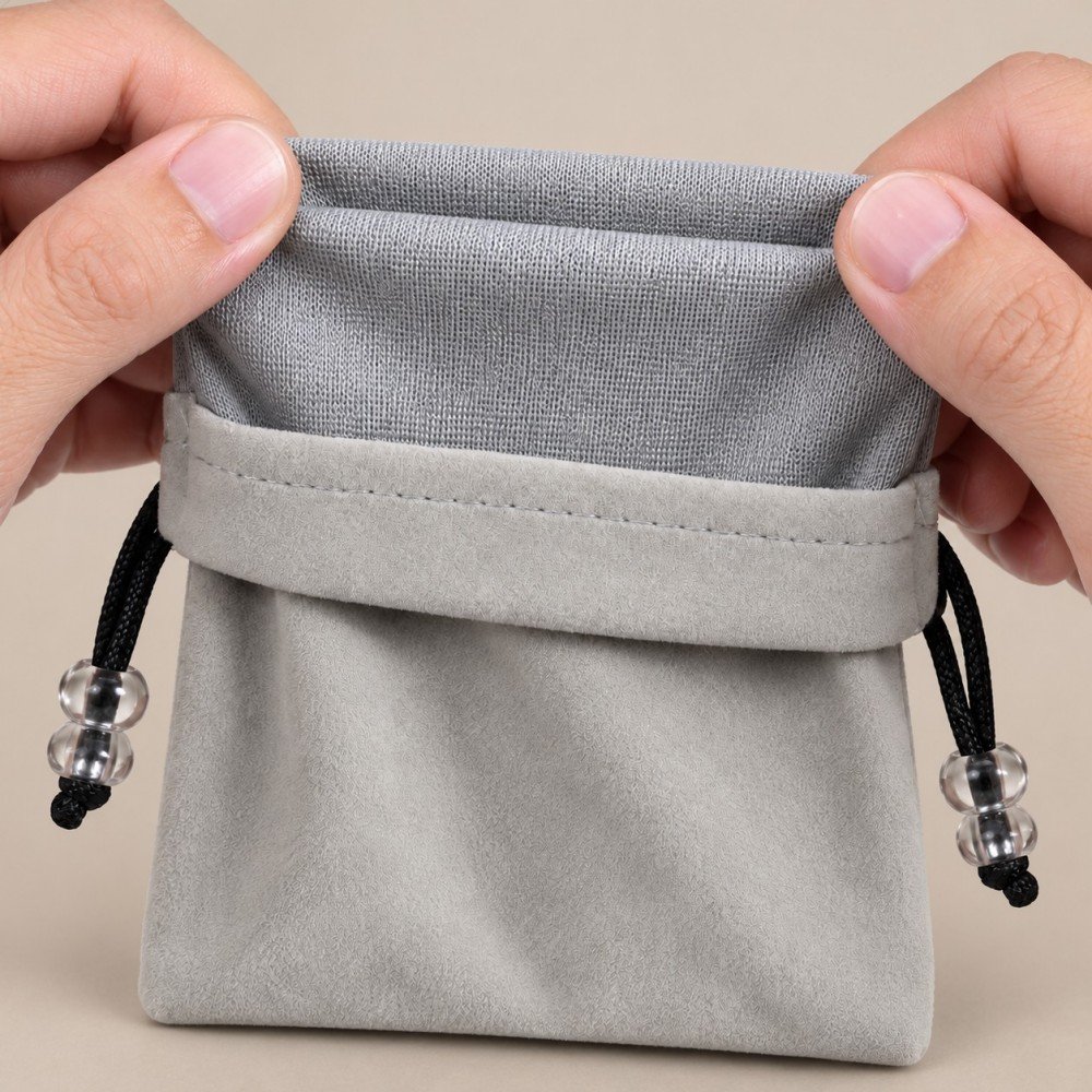 Close-up of the polyester inner layer and stitching on a gray flocked drawstring pouch