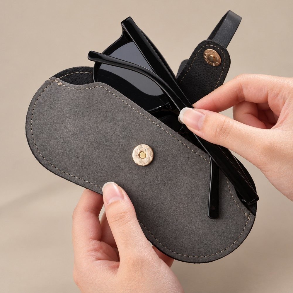Gray contoured eyewear pouch with the central closure open for inserting sunglasses