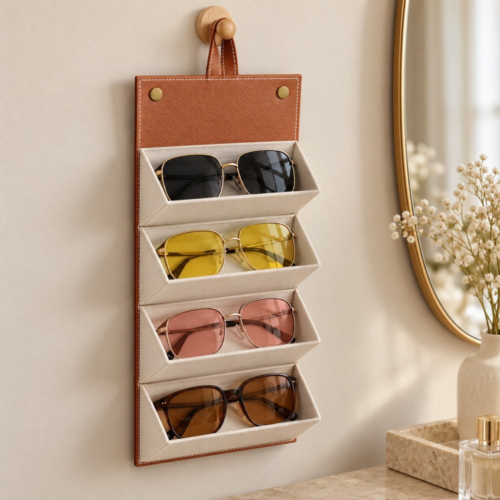 Hanging sunglasses organizer with four individual compartments holding different frames