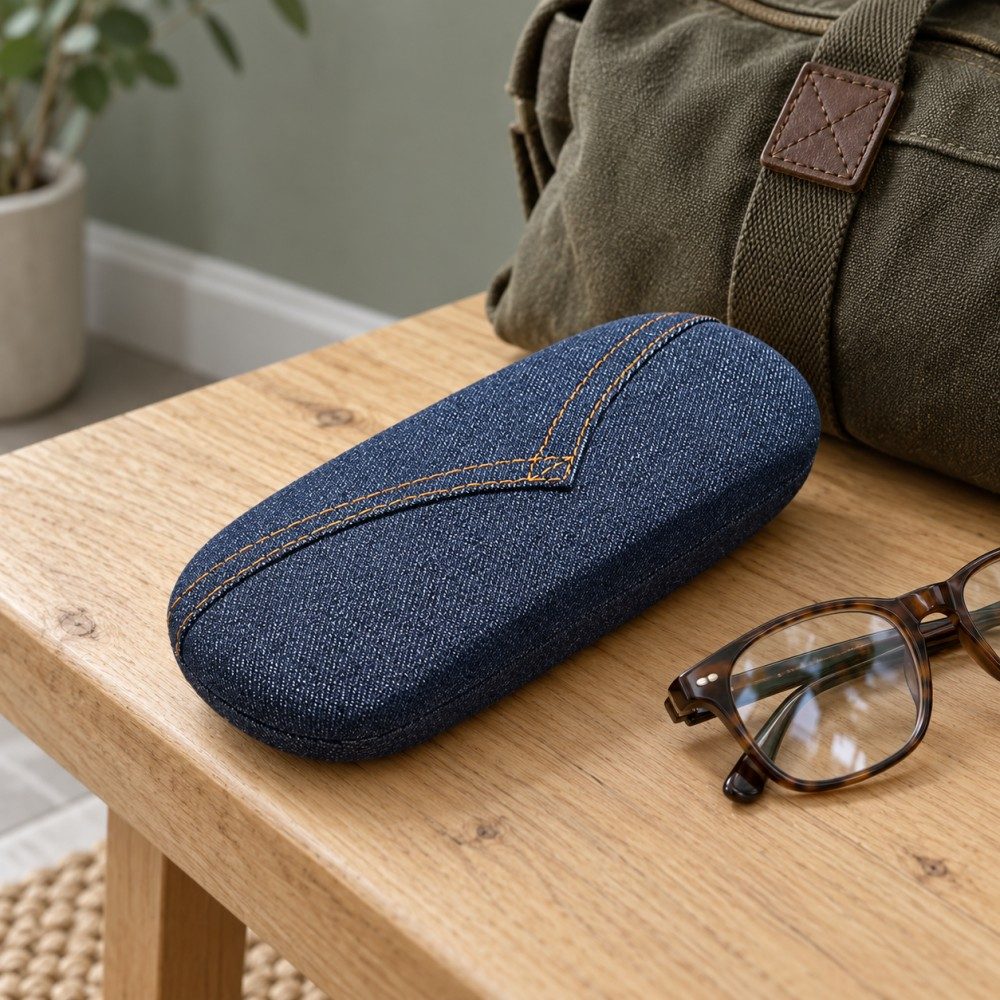 Indigo denim-look glasses case on a wooden bench beside eyeglasses and an olive travel bag.