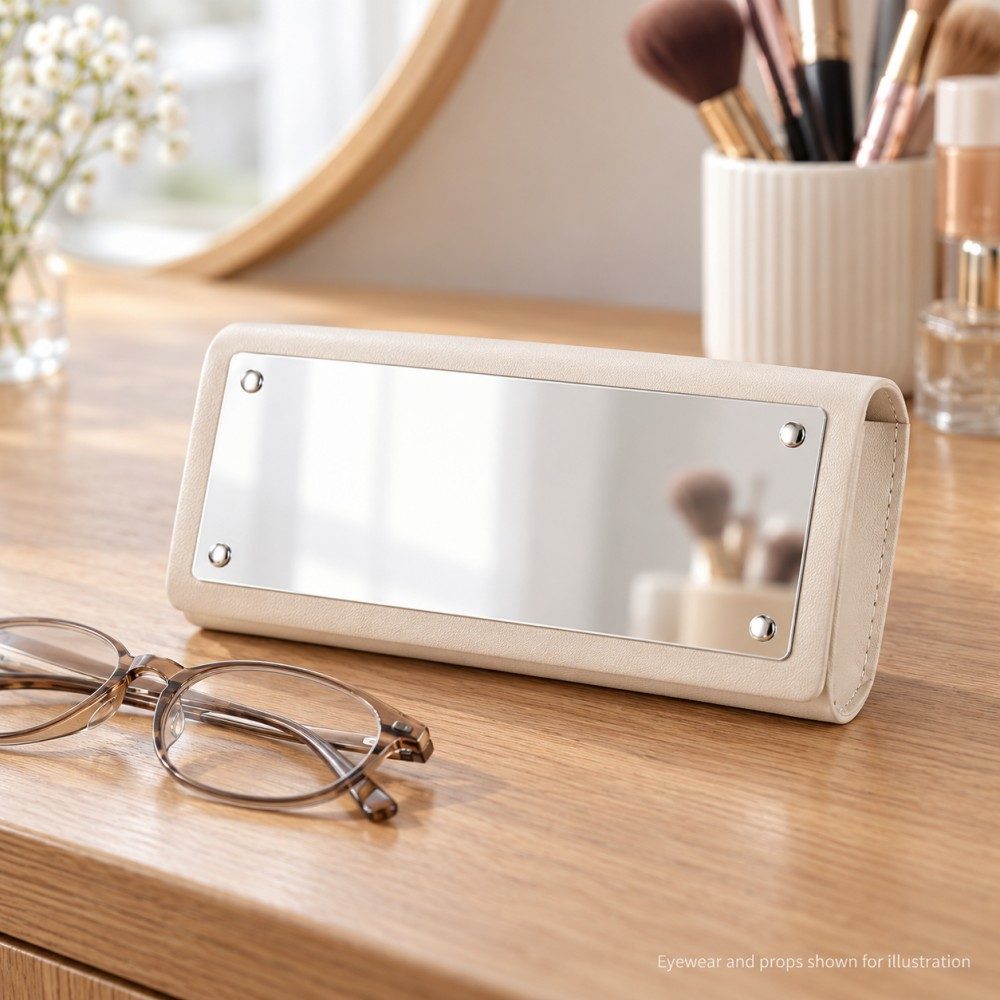 Ivory glasses case with mirror on a wooden dressing table beside folded eyeglasses, with makeup brushes in the background.