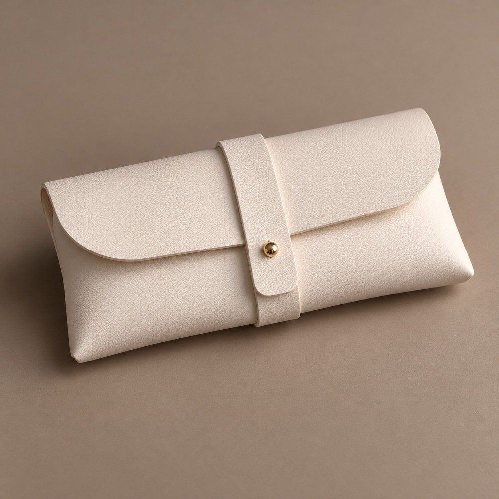 Ivory envelope-style glasses pouch with a central strap and gold-tone stud