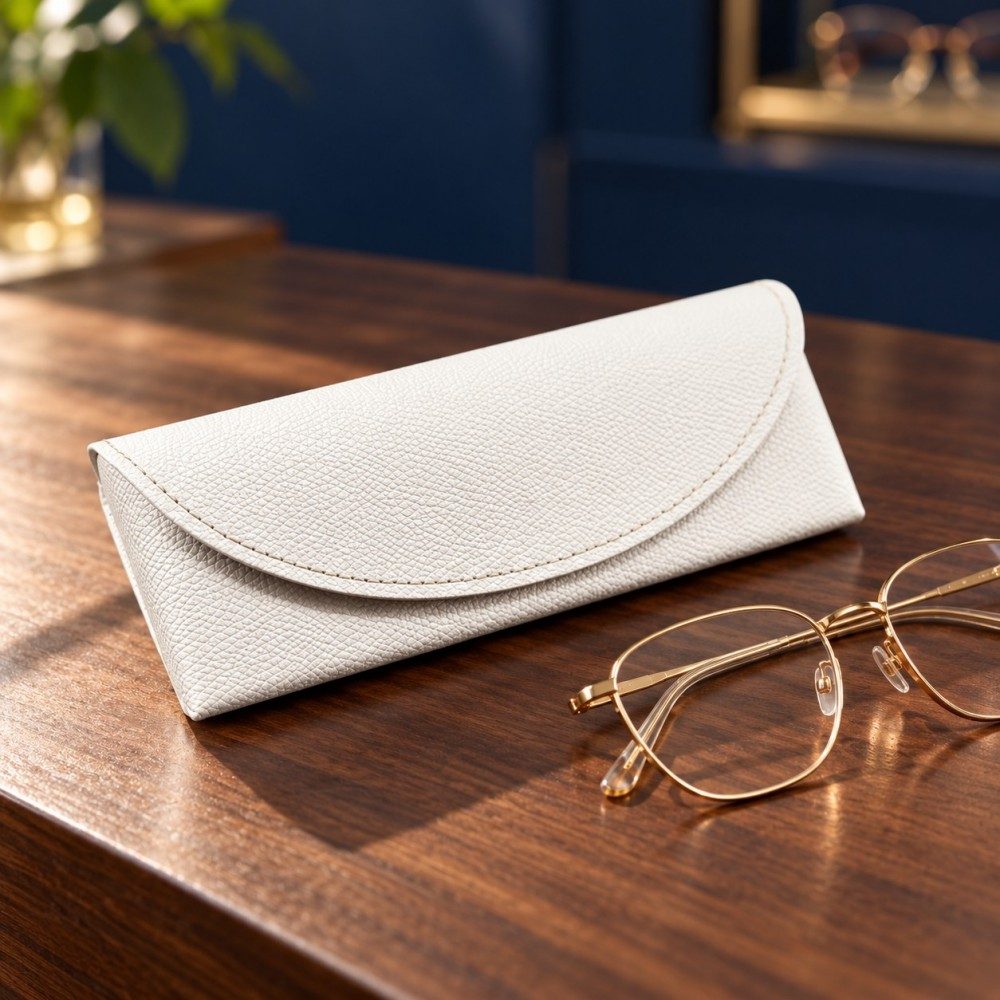 Ivory magnetic glasses case beside gold-tone optical frames on a wooden counter