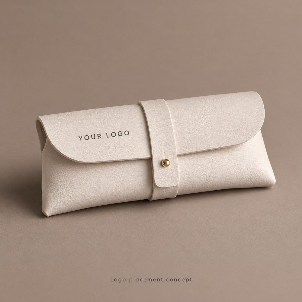 Glasses pouch with logo placement concept on the ivory envelope flap