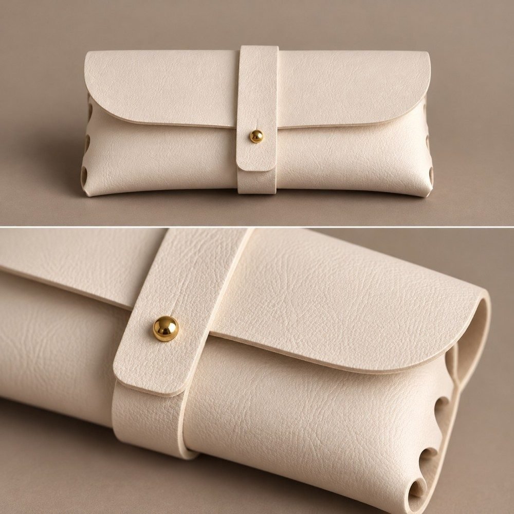 Close-up of the ivory glasses pouch texture, wrap strap and stud fastening