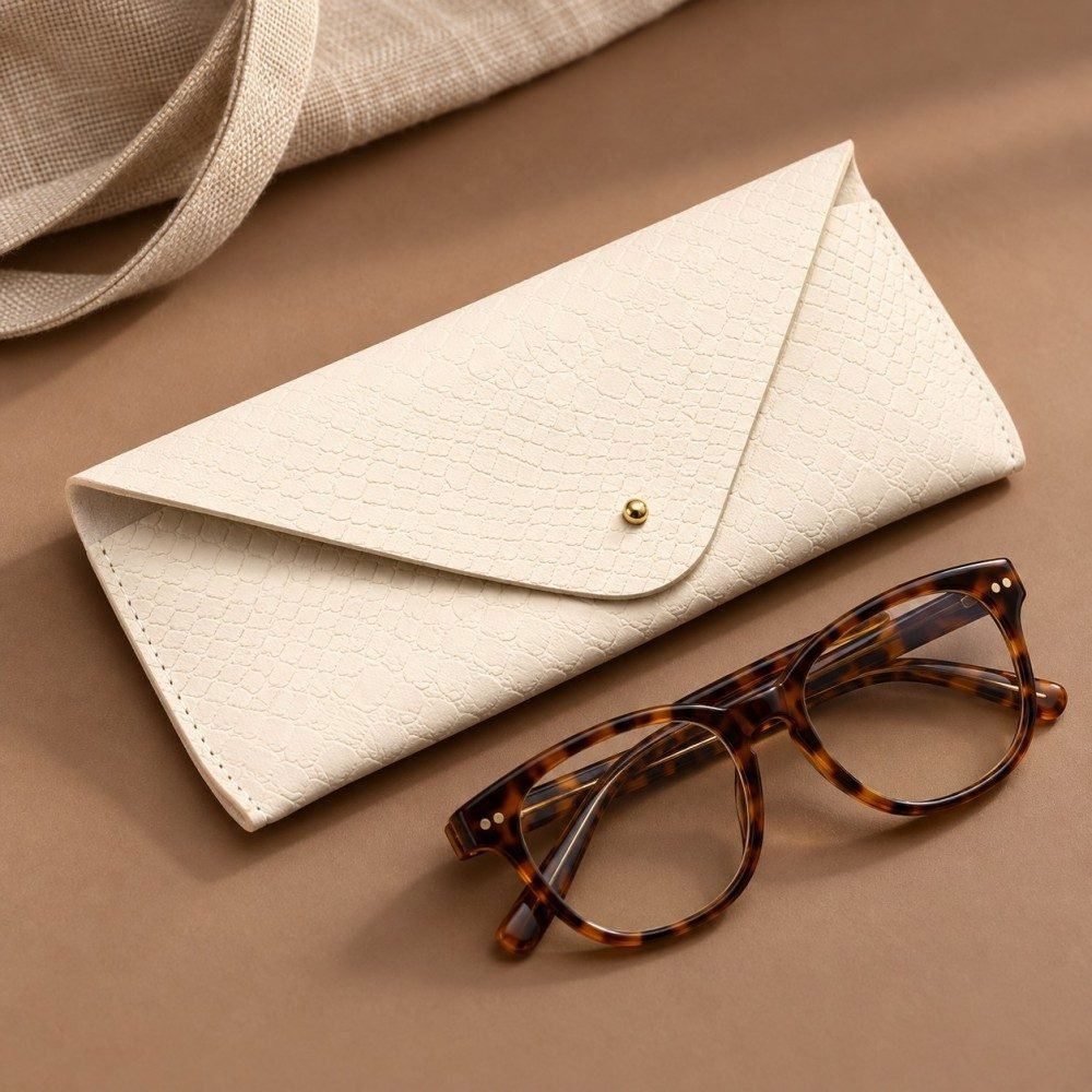 Ivory embossed glasses pouch beside tortoiseshell eyeglasses