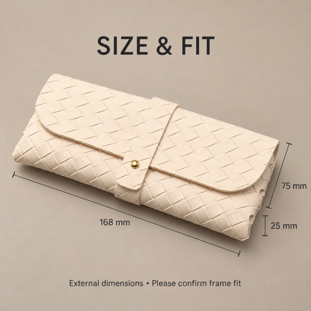 Ivory woven glasses pouch measuring approximately 168 x 75 x 25 mm