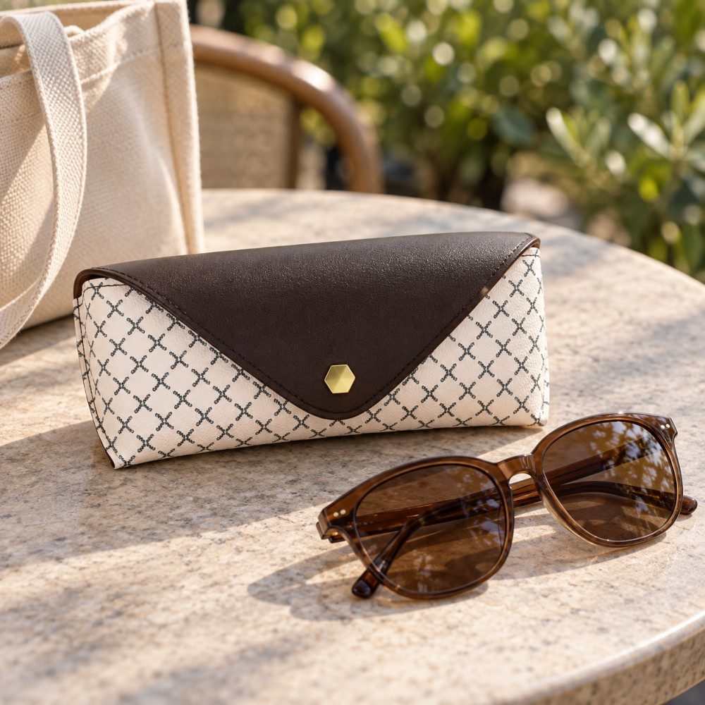 White patterned sunglasses case beside brown sunglasses and a canvas tote on an outdoor cafe table.