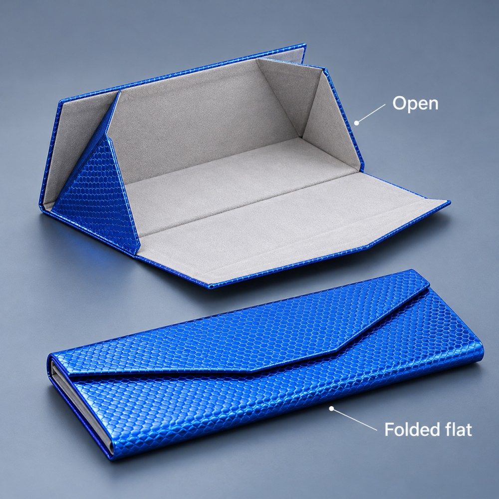 Blue folding sunglasses case shown open with light gray lining and beside it folded flat into a slim rectangular form.
