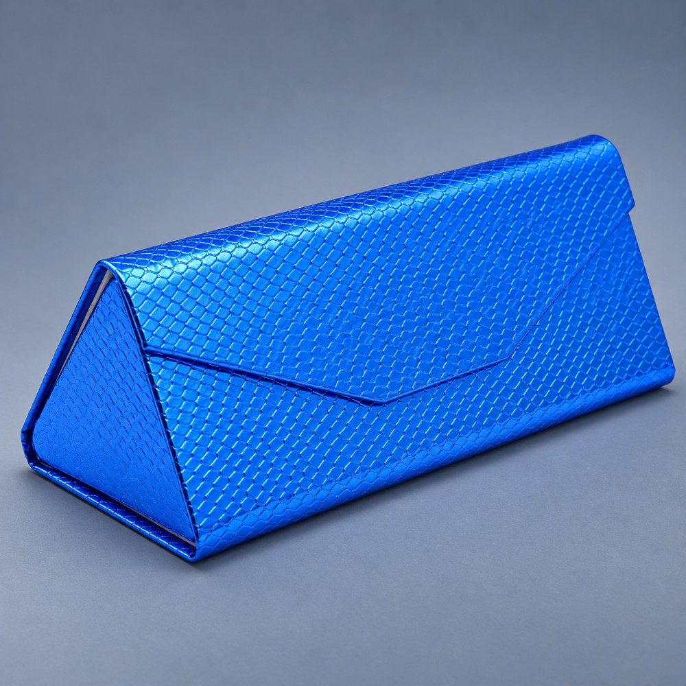 Blue custom foldable sunglasses case with a reflective scale-textured exterior, triangular end panel and envelope-style flap.