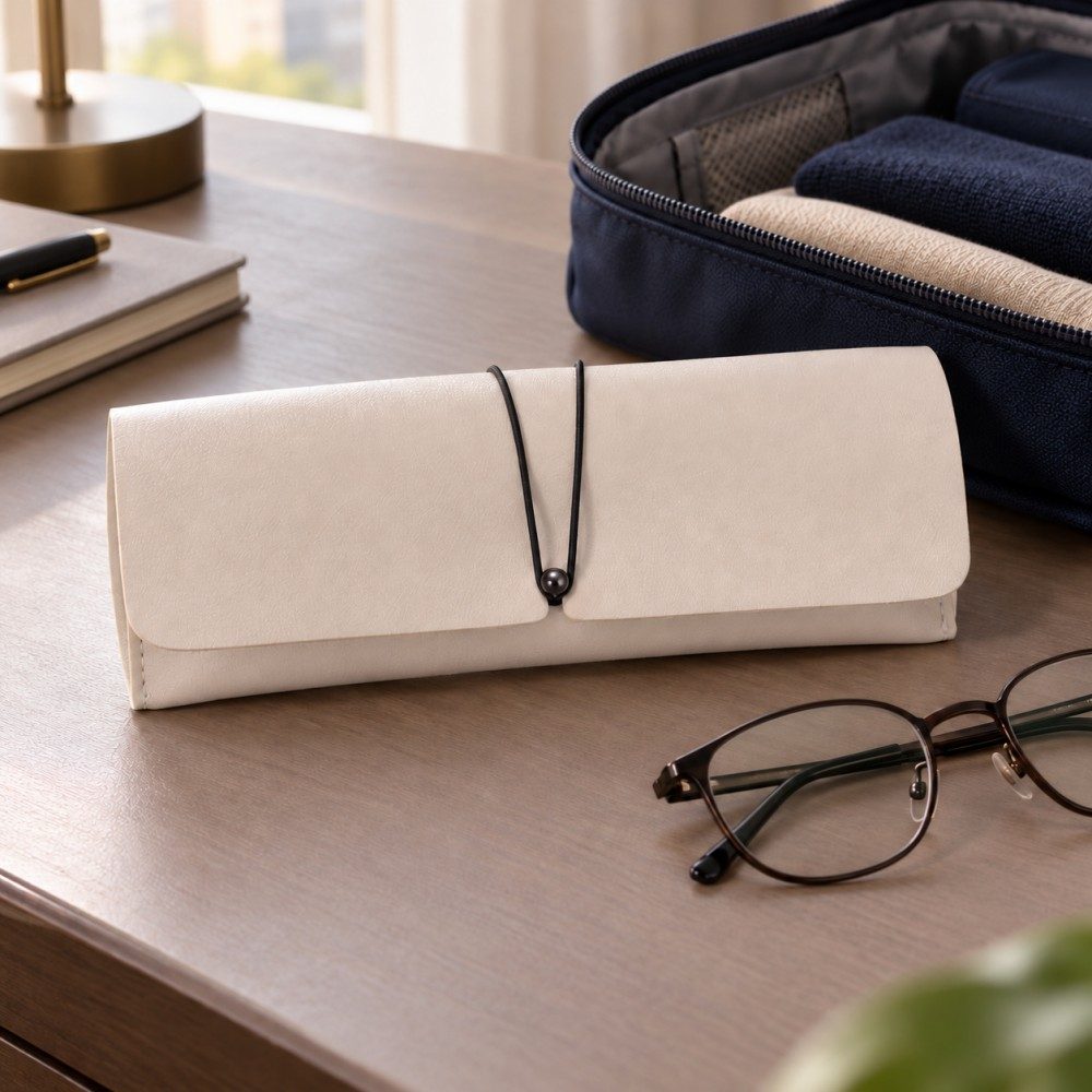 Ivory elastic-closure eyeglass case beside folded glasses and an open travel bag on a hotel desk.