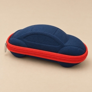 Navy car-shaped EVA glasses case with an orange-red zipper and molded roof details