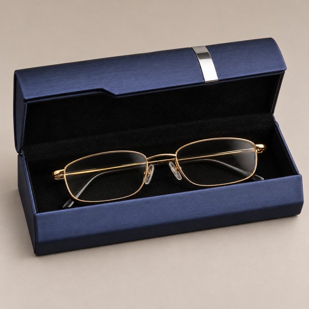 Open navy metal eyeglass case showing black velvet lining and a pair of glasses