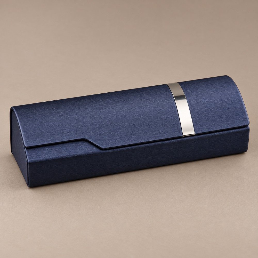 Navy PJ23 metal glasses case with brushed-texture PU cover and silver decorative strip
