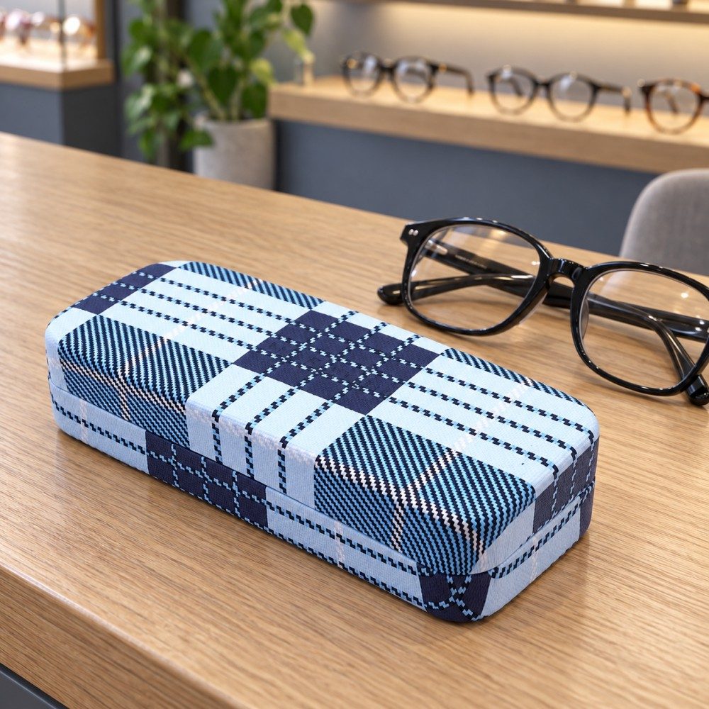 Blue plaid metal eyeglass case beside black eyeglasses on a wooden optical store counter.