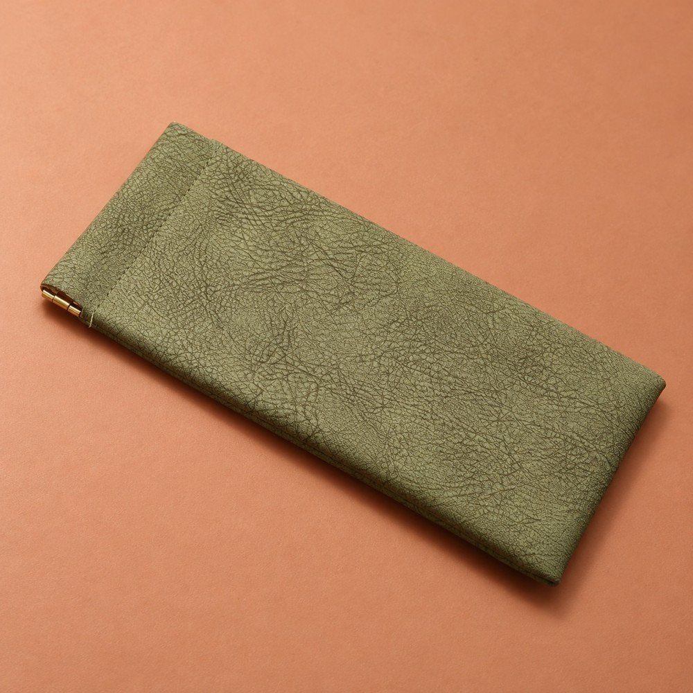 Olive green squeeze top sunglasses pouch with a textured finish