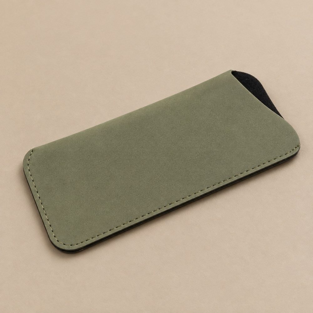 Custom glasses pouch in dark green PVC with a slim profile and stitched edges