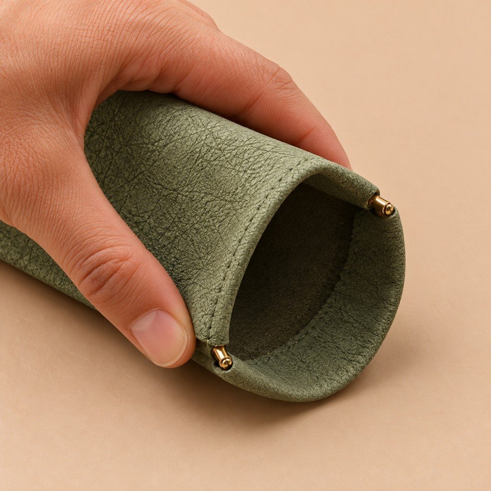 Blue textured sunglasses pouch beside sunglasses and a canvas tote