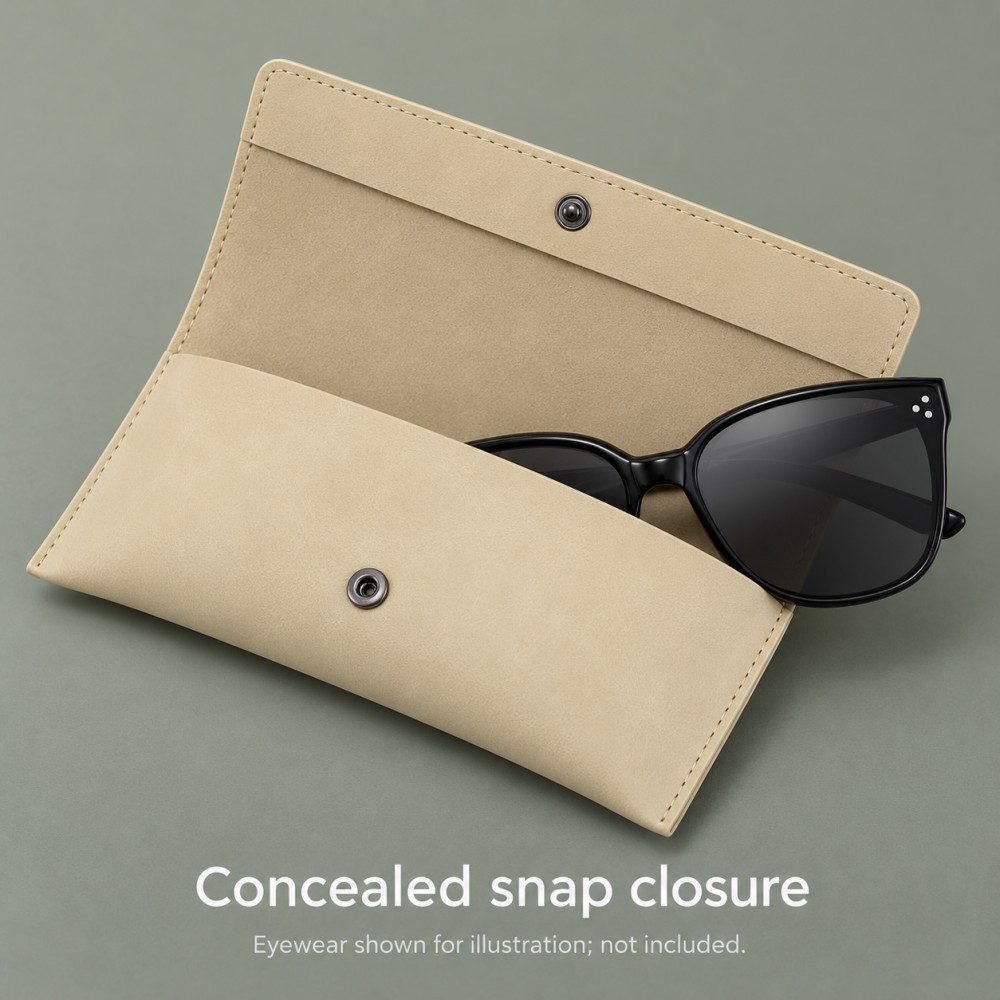 Open pale yellow eyeglass case showing concealed press-snap components and partially inserted black cat-eye sunglasses.