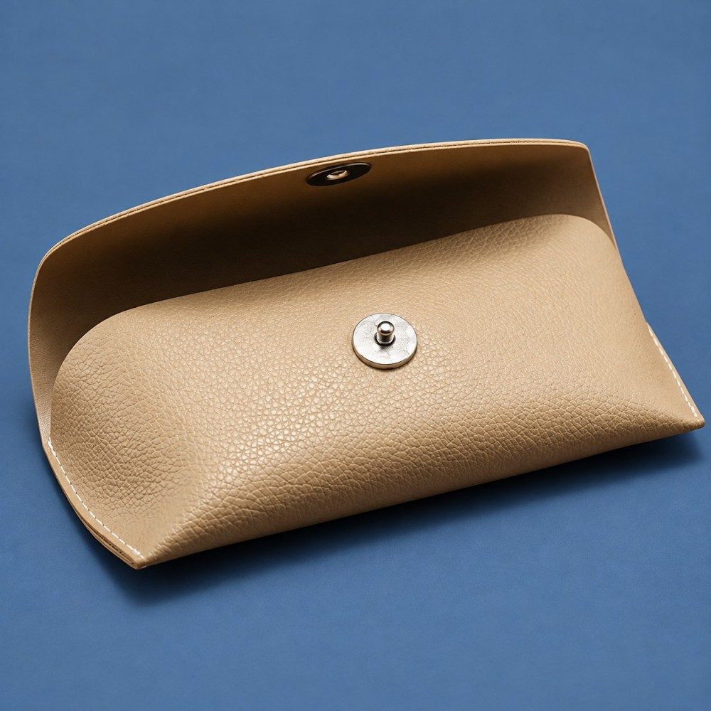 Open beige glasses case showing the silver-tone fastening mechanism and stitched sides