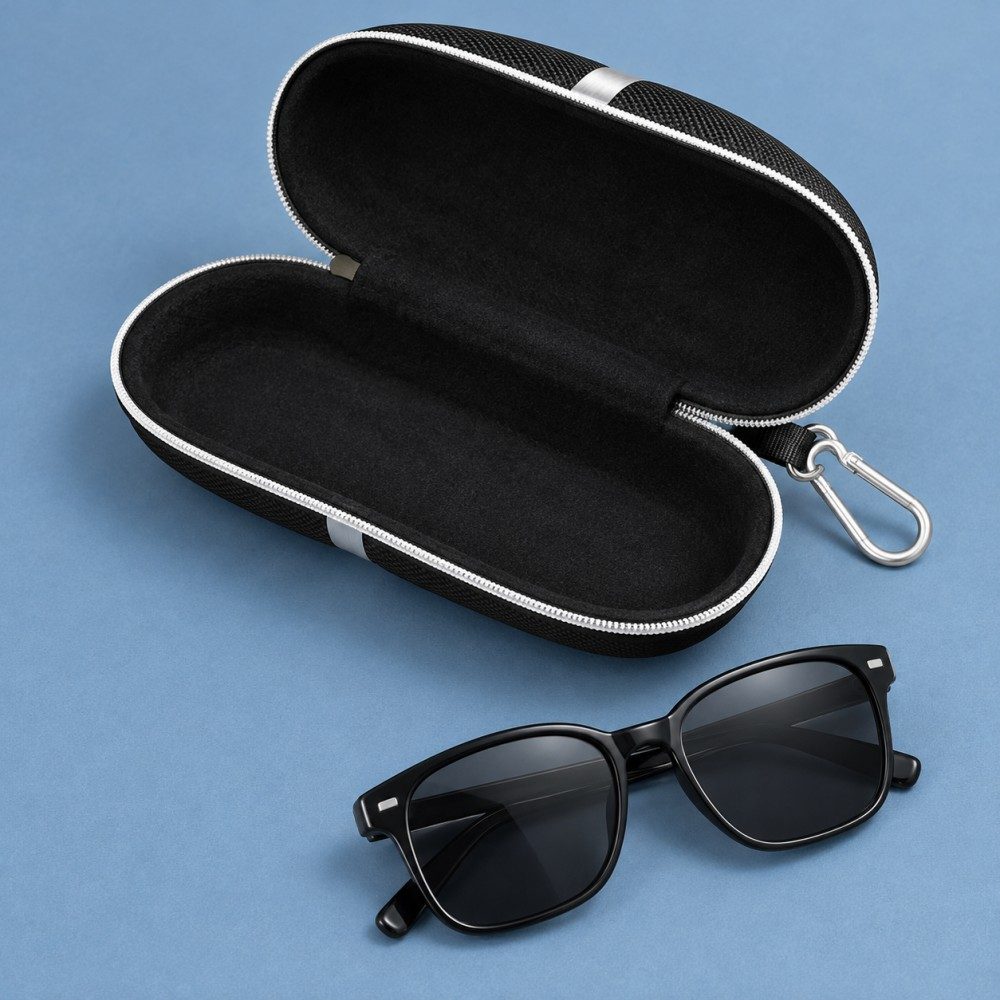 Open EVA eyewear case showing its black-lined interior, with sunglasses placed beside it