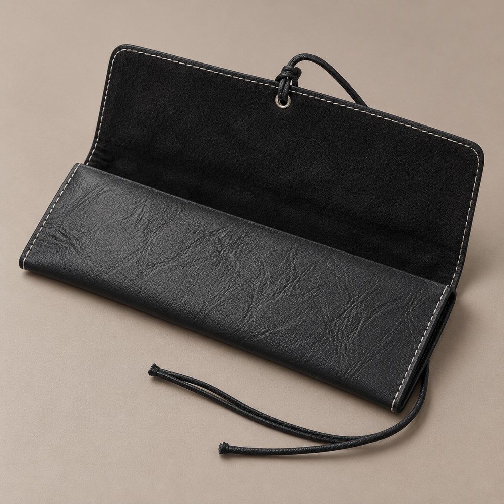 Open black PU glasses case showing its soft black lining, metal eyelet and unwound closure cord.