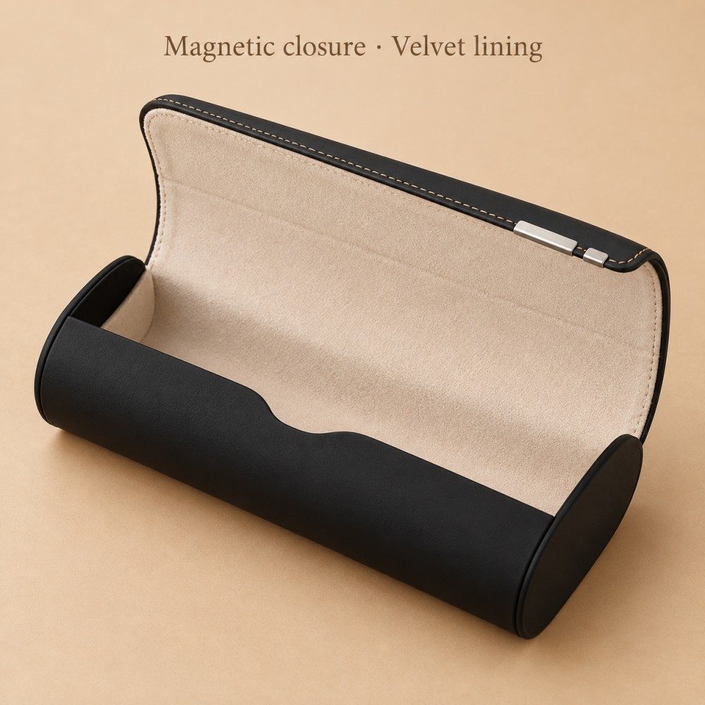 Open black glasses case showing its beige velvet lining, curved front wall and raised magnetic closure flap.