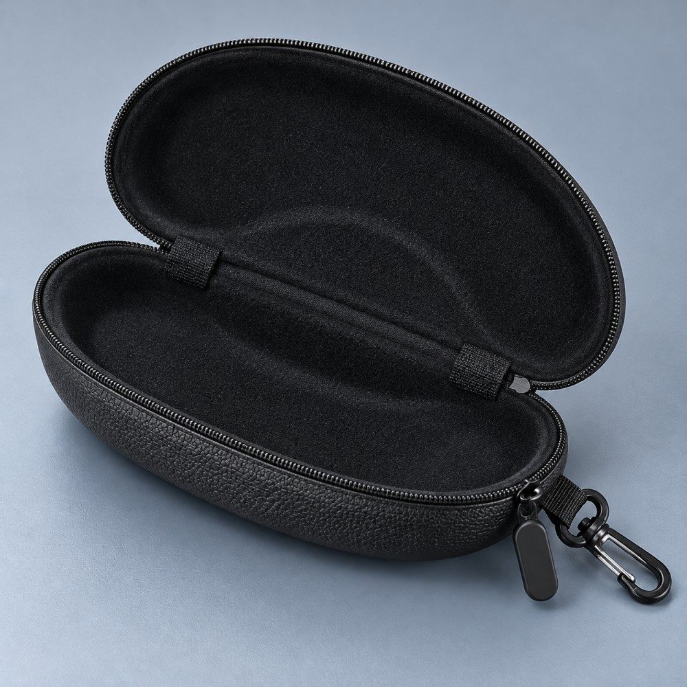 Open black semi hard sunglasses case showing its fabric-lined clamshell interior, perimeter zipper and side swivel clip.