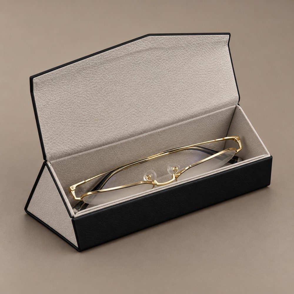 Open handmade glasses case with light gray lining holding a slim gold optical frame