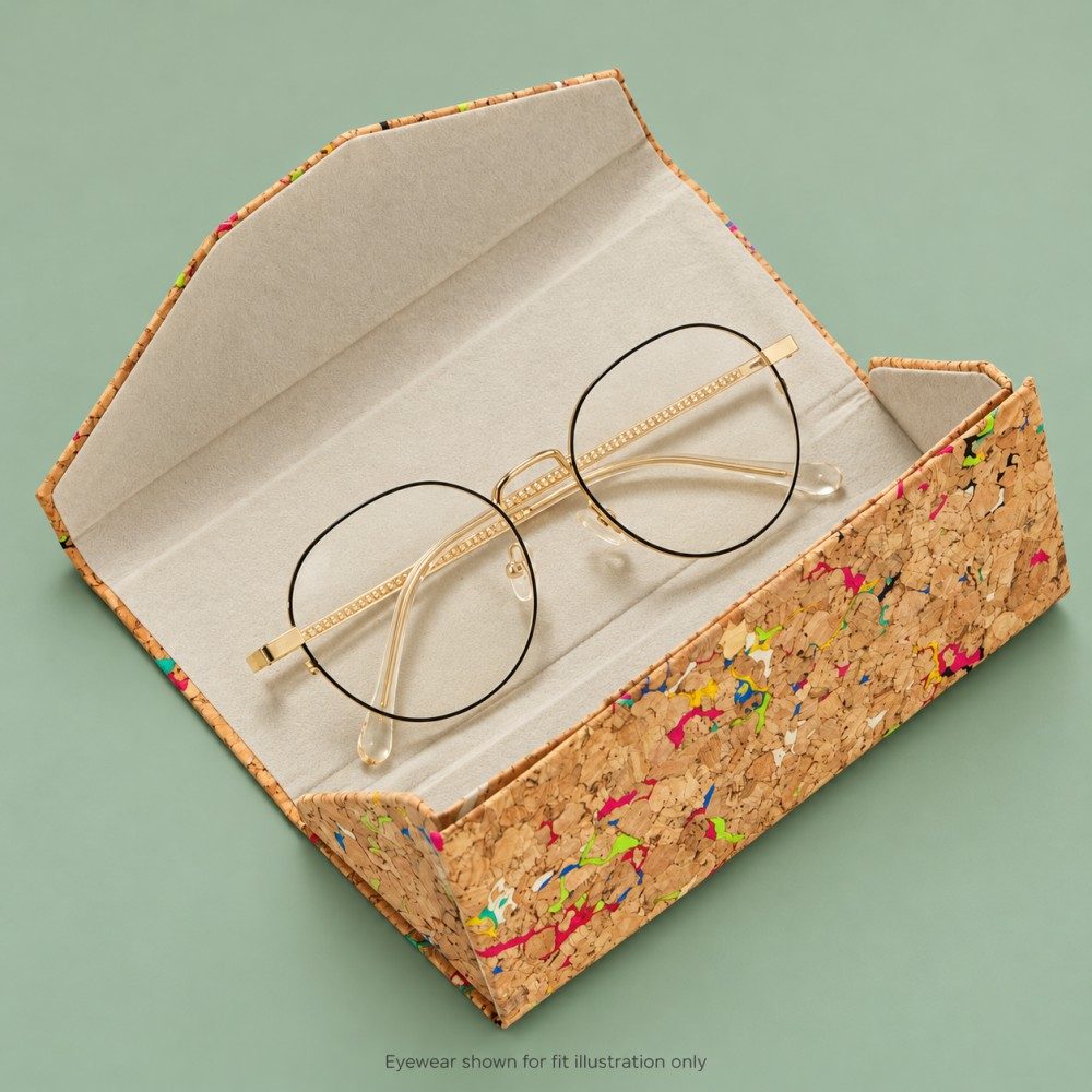 Tan cork-textured glasses case shown in its erected triangular form and folded flat when empty.
