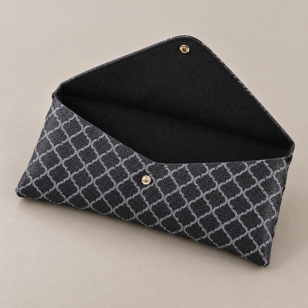 Open YX1106 diamond lattice eyeglass case showing its black interior, triangular flap and press-stud closure.