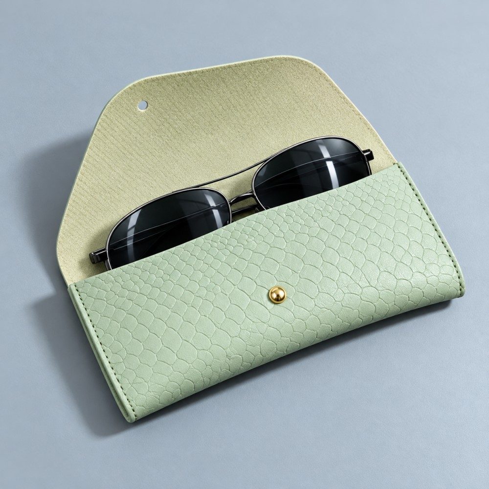 Open light green sunglasses case holding dark sunglasses, showing the pale inner surface, flap hole and gold-tone stud.