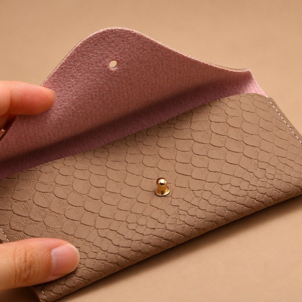 Open glasses pouch showing the button stud, flap hole and pink inner surface