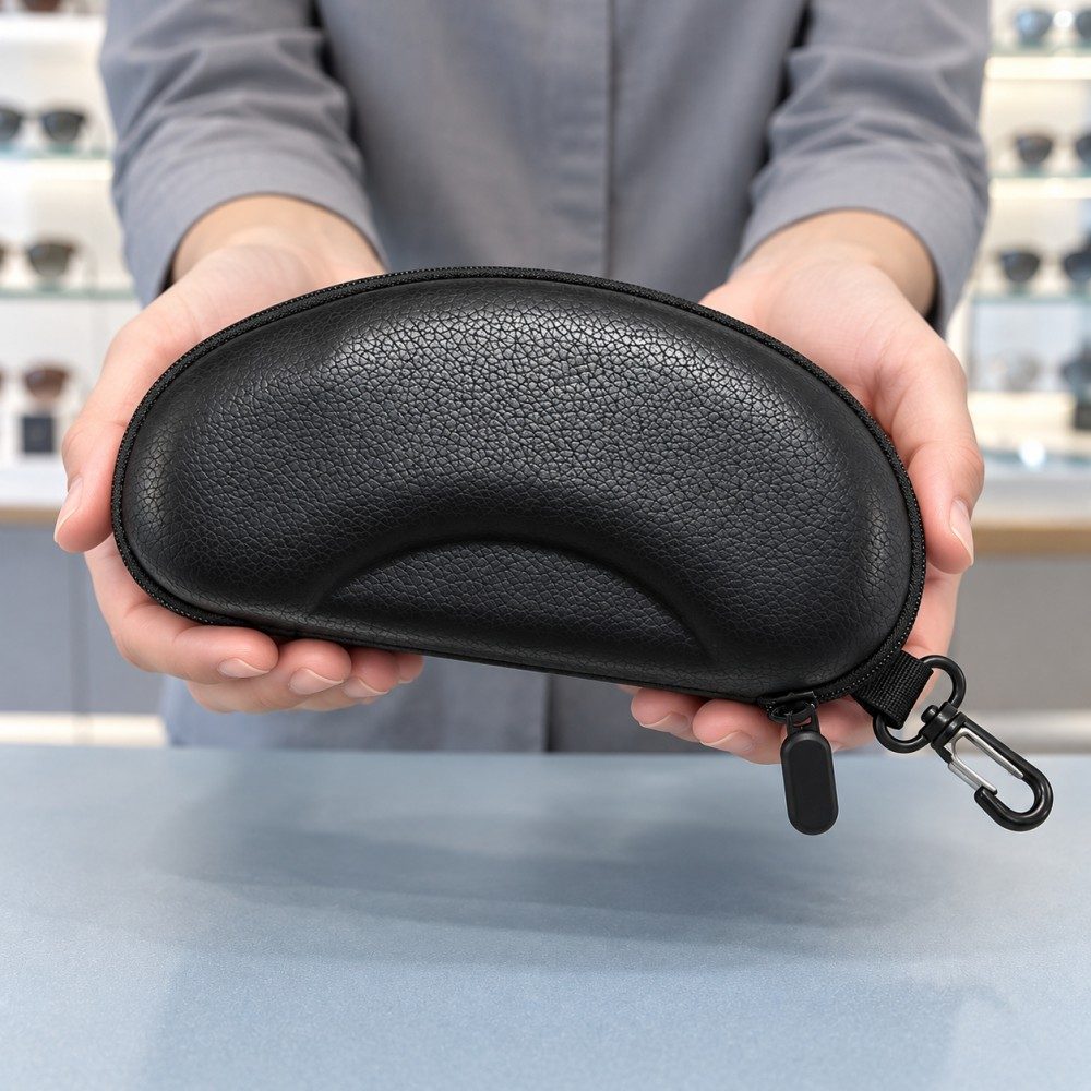 Optical shop assistant holding a closed black contoured sunglasses case with a zipper and swivel clip across a blue-grey counter.