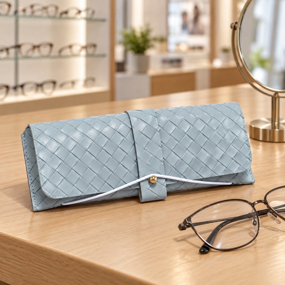 Light blue textured eyewear case beside eyeglasses and a tabletop mirror on an optical store consultation counter.