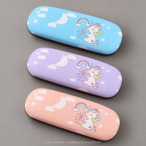 Blue, lavender and peach unicorn eyeglass case color concepts with an availability confirmation notice.