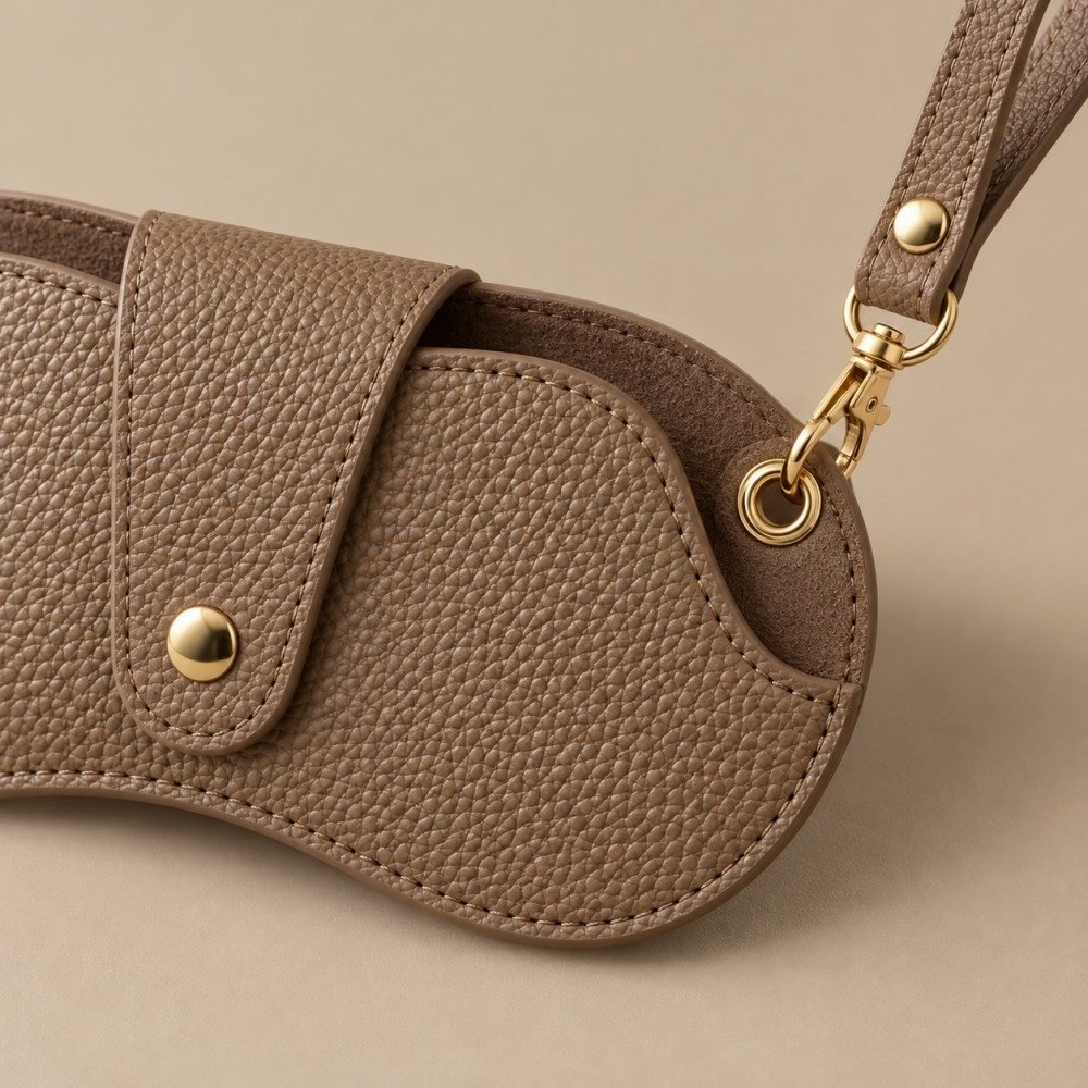 Close-up of the detachable swivel clasp and reinforced eyelet on a PU glasses pouch